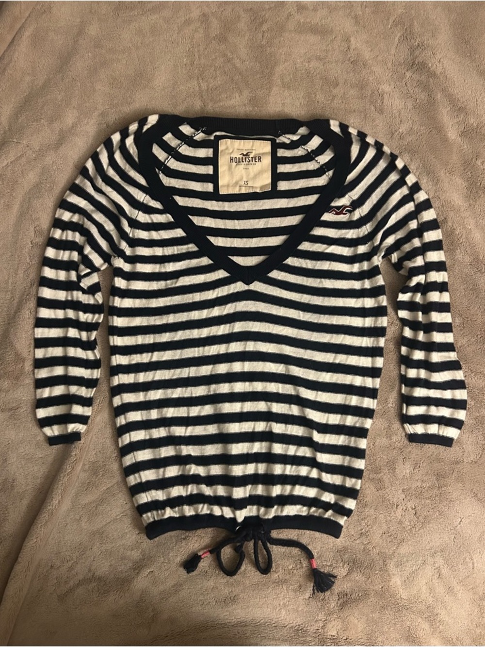 Y2K Hollister Navy and White Striped V-Neck Sweater